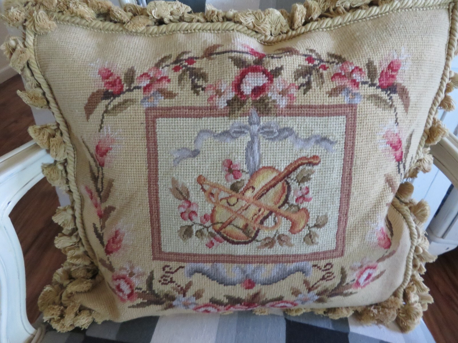 Gorgeous Floral w Musical Instruments Petit Point Pillow w French Aubusson Chic