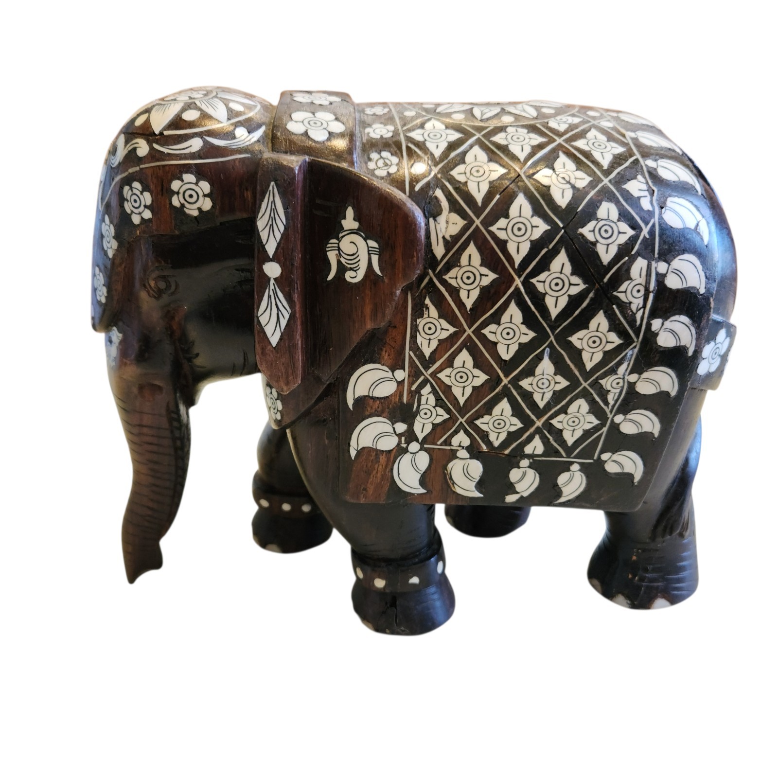 Vtg Wood Elephant Hand Carved Rosewood w Intricate Inlay 8 Vtg Wood Elephant Hand Carved Rosewood w Intricate Inlay 8