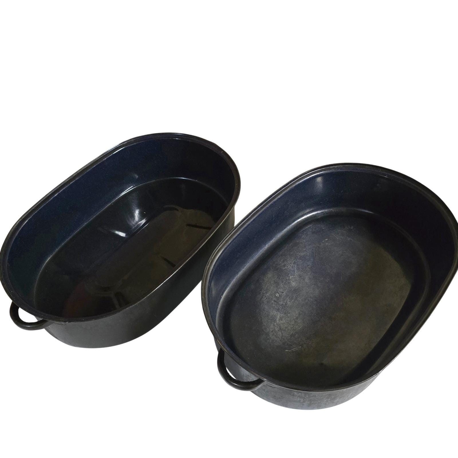Vintage Large Blue Enamel Oval Double Roaster Pan 17.5 in Two Piece