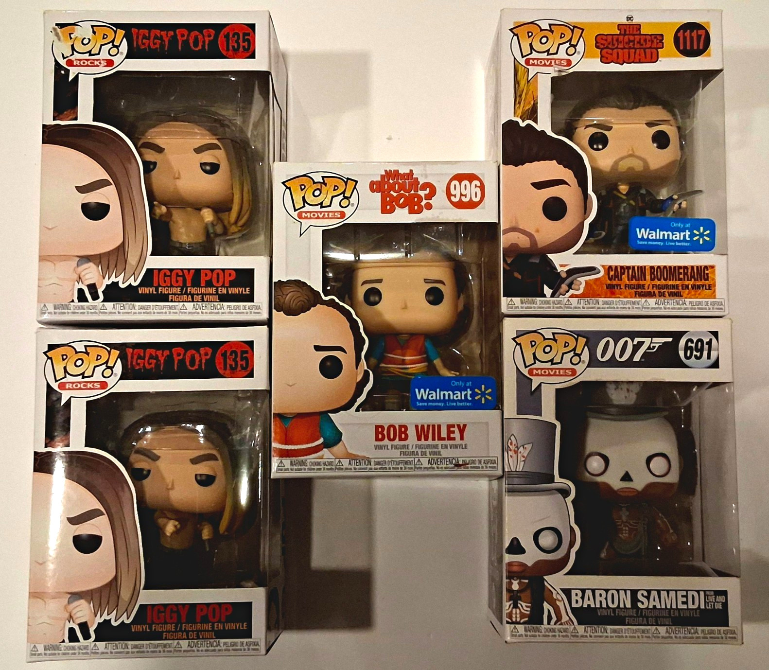 Funko Pop Vinyl Mixed Lot (5): Iggy Pop #135, Bob Wiley #996, Walmart Excl