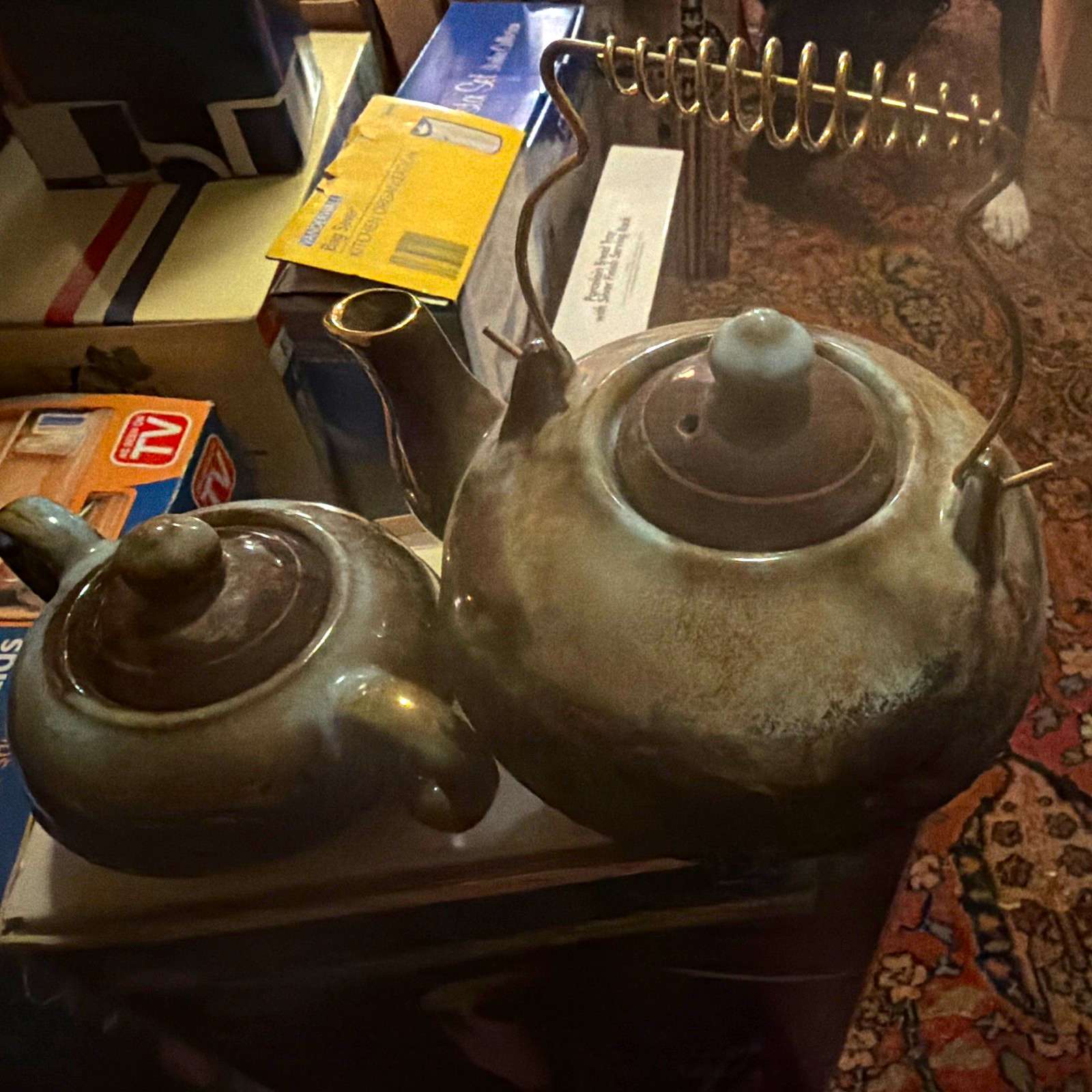 Vintage Gray /blue Glazed Ceramic Tea Set 9 oz Round Teapot w/ Lid & Handle