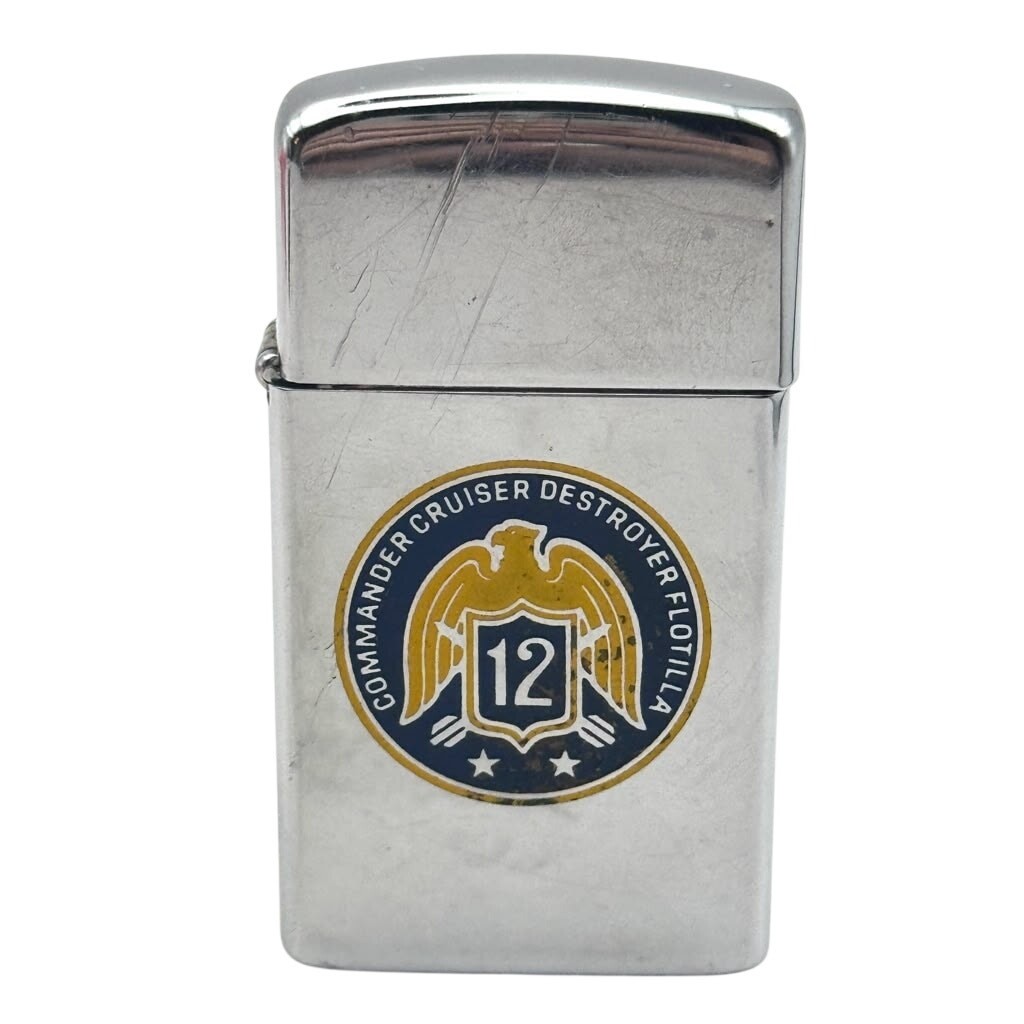 1968 Zippo Slim Commander Cruiser Destroyer Flotilla 12 Navy Lighter Needs Flint 1968 Zippo Slim Commander Cruiser Destroyer Flotilla 12 Navy Lighter Needs Flint