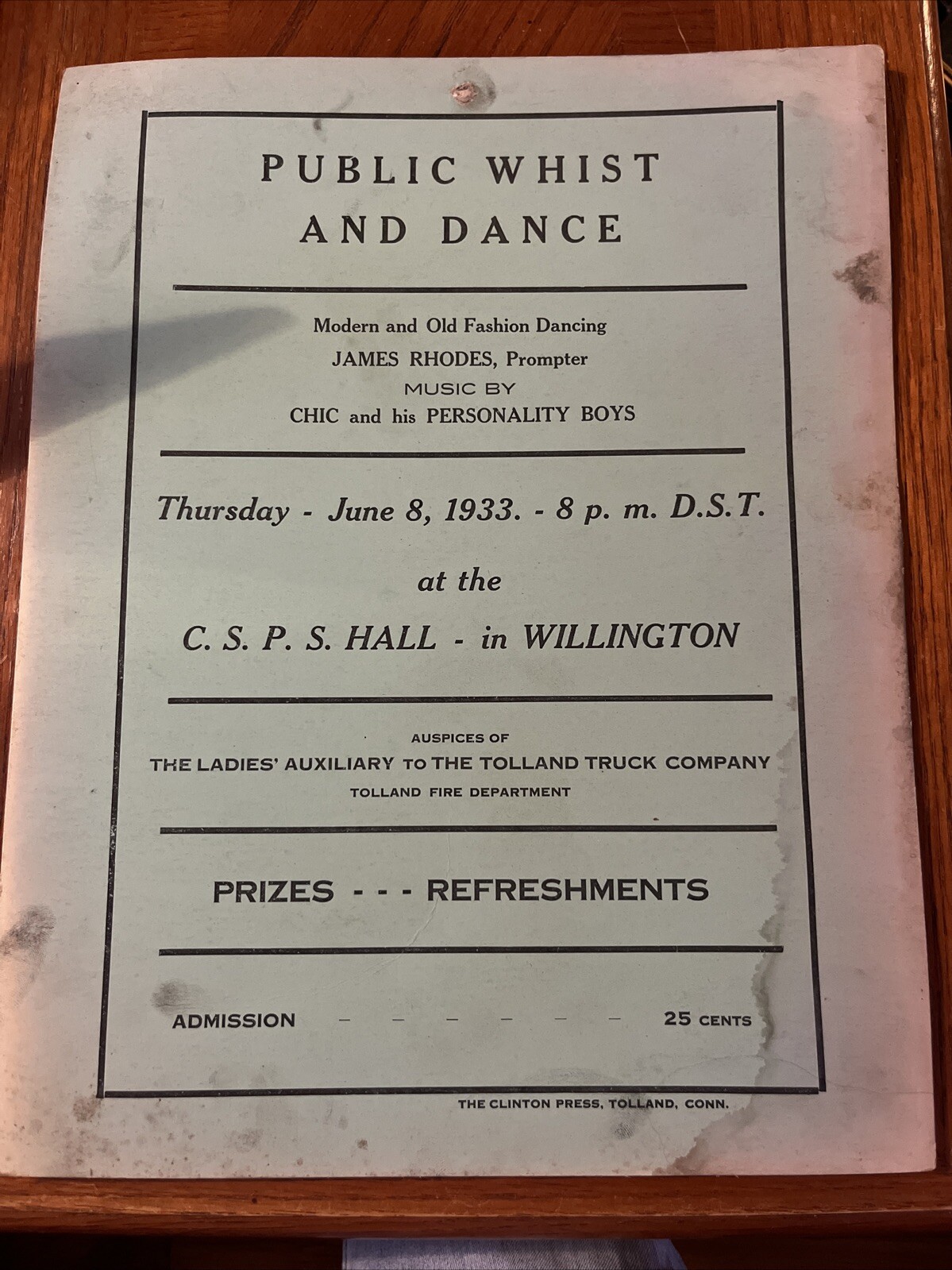 1933 Willington Connecticut Public Whist & Dance Advertising Placard CT History