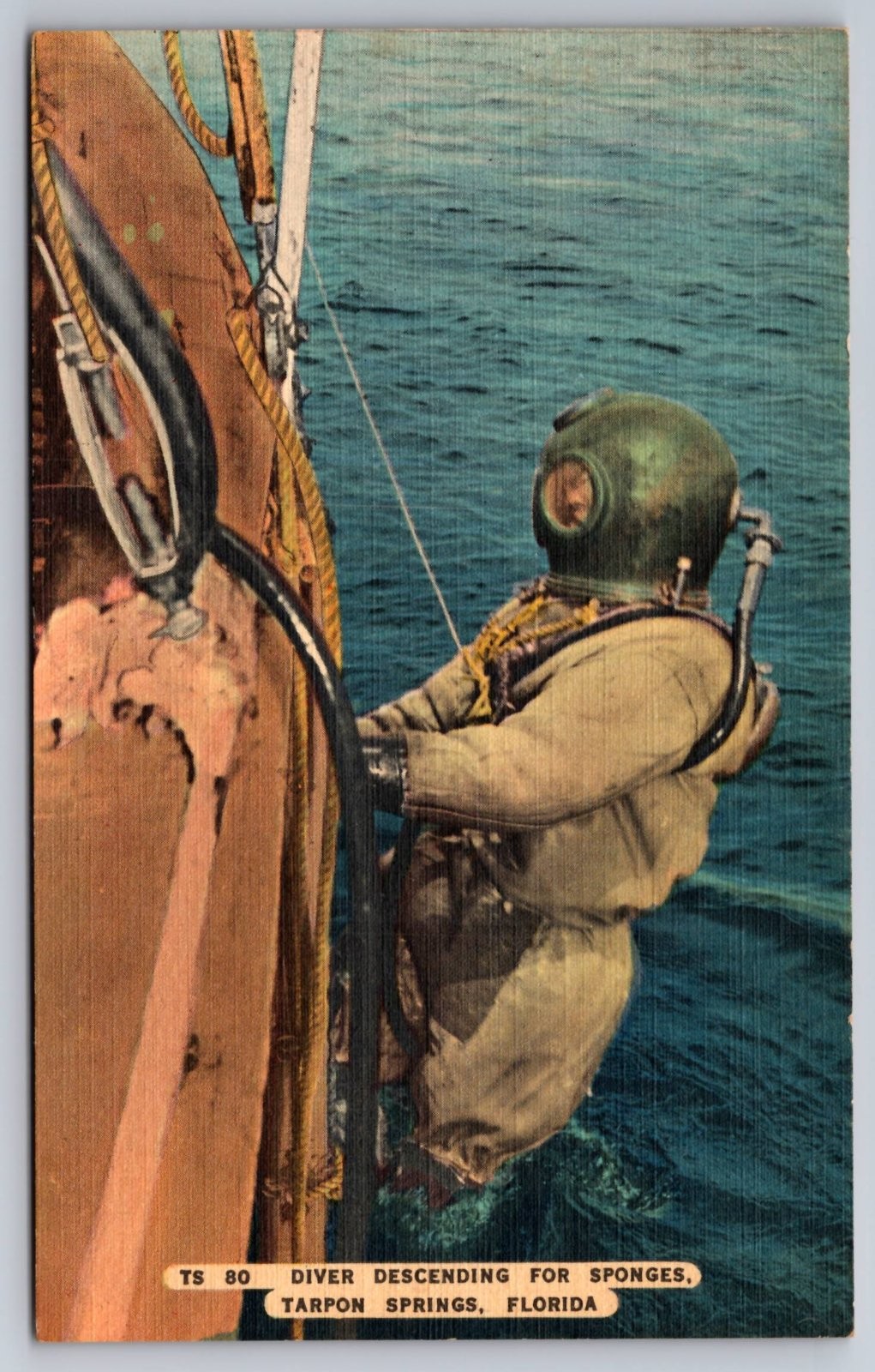 Tarpon Springs Florida Sponge Diver Descending From Boat Postcard c.1952