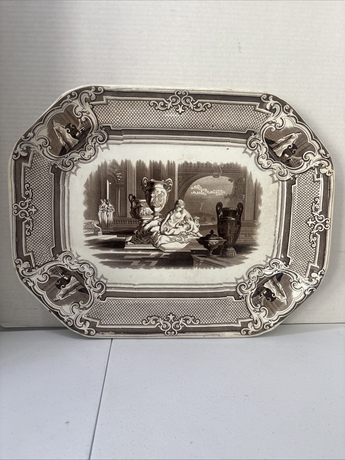 19th Century Brown Transferware MINERVA Platter Podmore Walker & Co 18” X 14” 19th Century Brown Transferware MINERVA Platter Podmore Walker & Co 18” X 14”