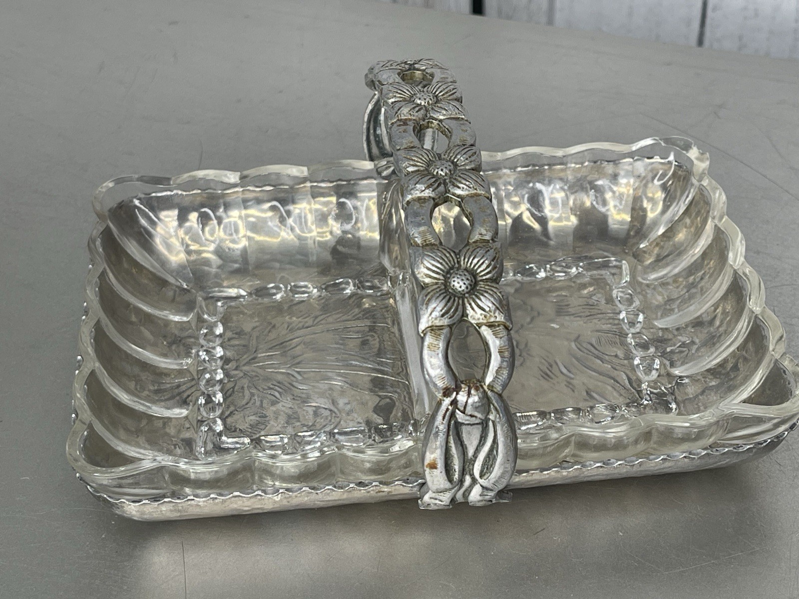 Vintage Molded Floral Handled Aluminum Divided Glass Insert Basket Candy Dish