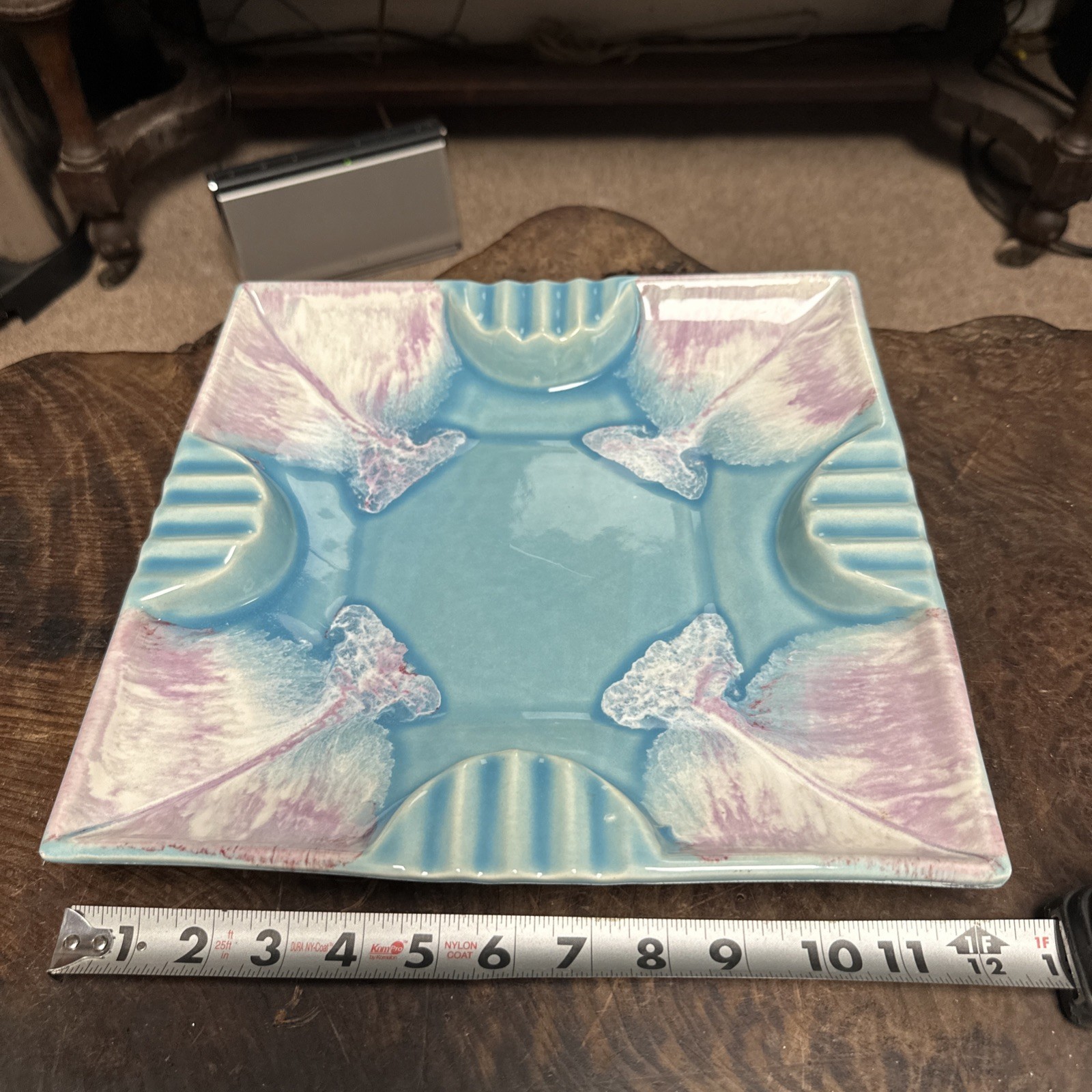 (2) Vtg. 12” MCM R R P CO Roseville Party Ashtray Turquoise Pink Drip Glaze