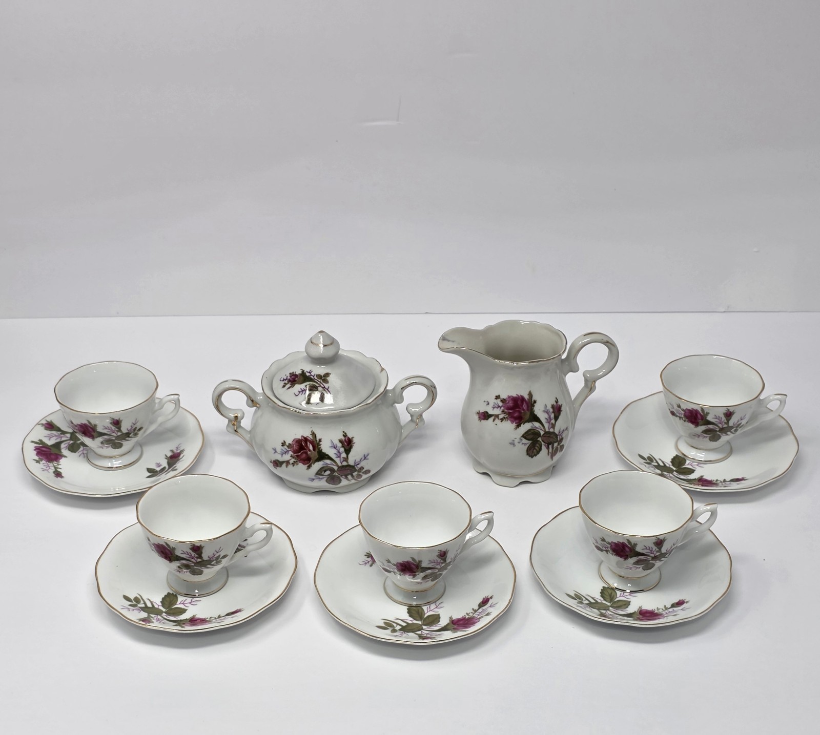 Vtg Yong Sheng Pink Rose Porcelain Sugar Bowl, Creamer, Demitasse Cups & Saucers