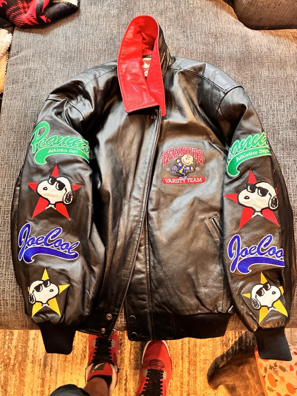 Vintage Peanuts Joe Cool Snoopy Leather Varsity Jacket American Toons - Size L