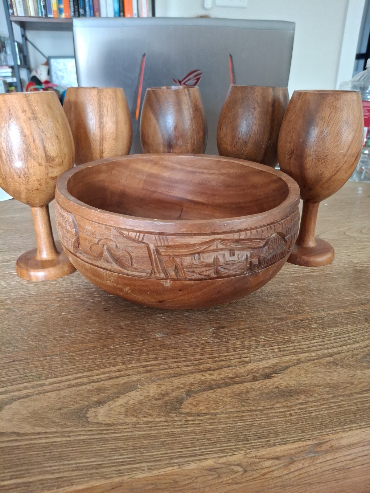Vintage Lina Vizcarra Oandasan Carved Wood Spinning Bowl & 5 Goblets Philippines Vintage Lina Vizcarra Oandasan Carved Wood Spinning Bowl & 5 Goblets Philippines