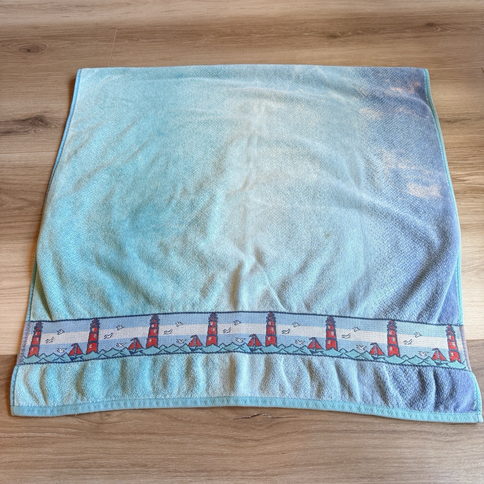 Terrisol Vintage Beach Towel Light House/Boat Scene Blue Ombré 100% Cotton