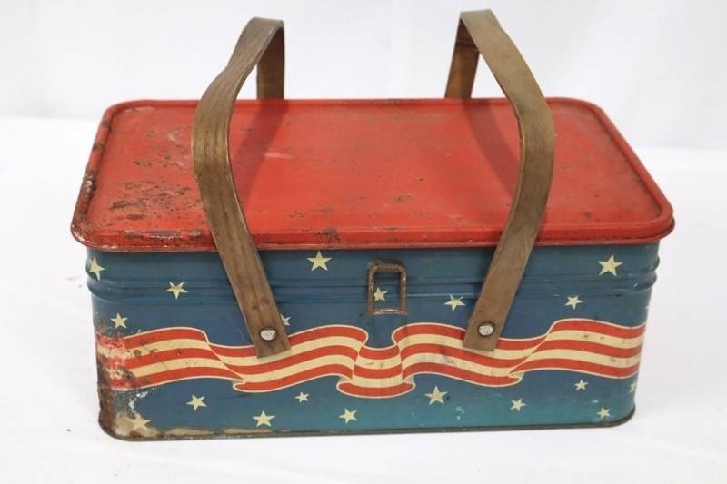 VTG 1940's Patriotic Metal Picnic Basket Container 4th of July Wood Handles Flag