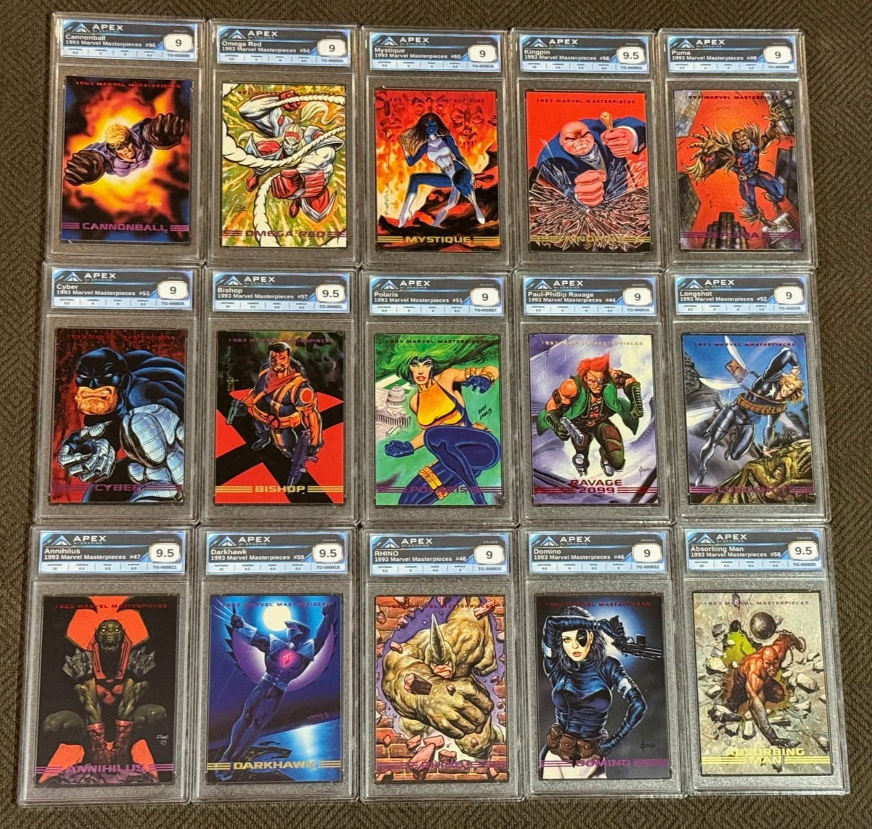 15 Slab Bundle of SKYBOX 1993 MARVEL MASTERPIECES - All Apex AI Graded 9+