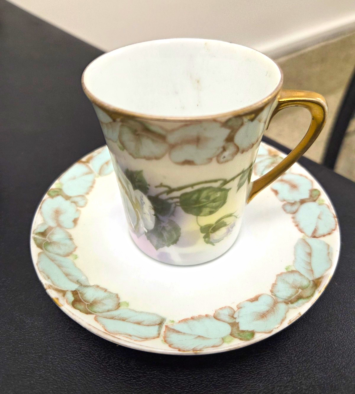 Antique Royal Rudolstadt Prussia Demitasse Teacup & Saucer Floral Gold Handle