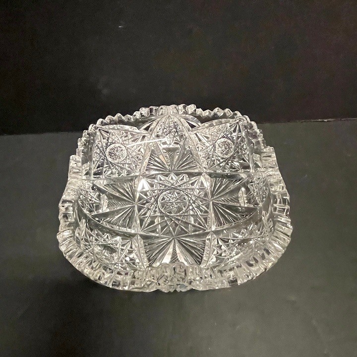 Vintage Heavy Cut Crystal Cigar Ashtray Starburst Hobstar Sawtooth Rim