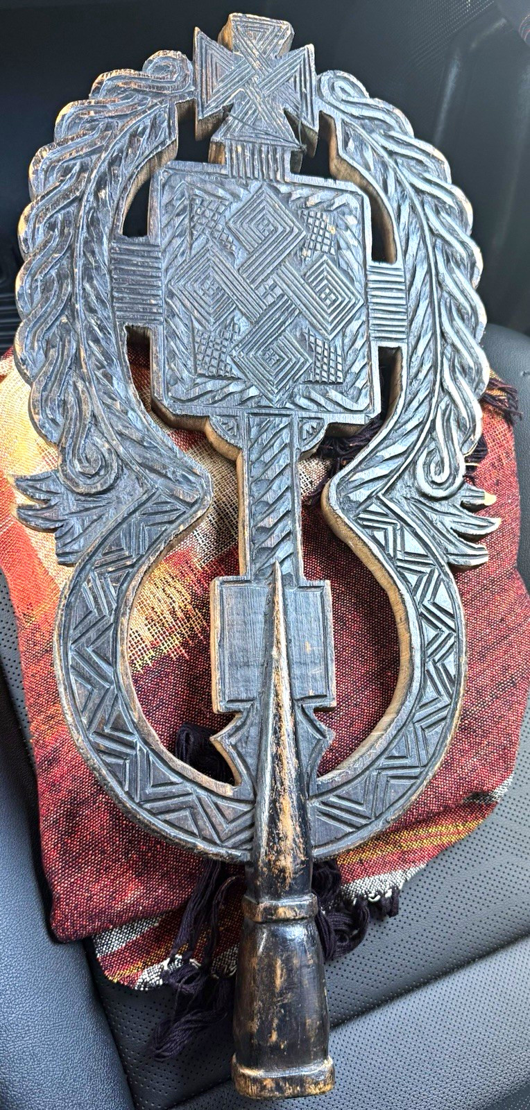 Ancient Hand-Carved Ethiopian Wooden Ceremonial Staff with Cross Motif
