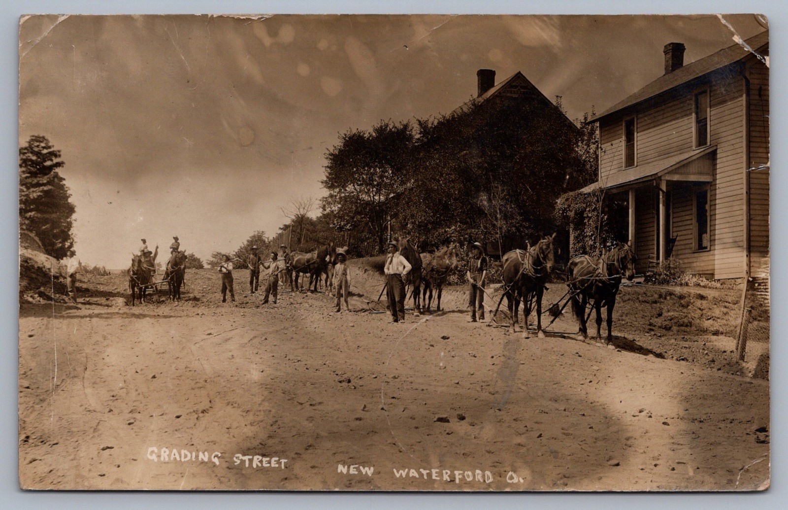 Grading Street Horse Drawn Work Crew New Waterford Ohio OH RPPC RPO Cancel R6