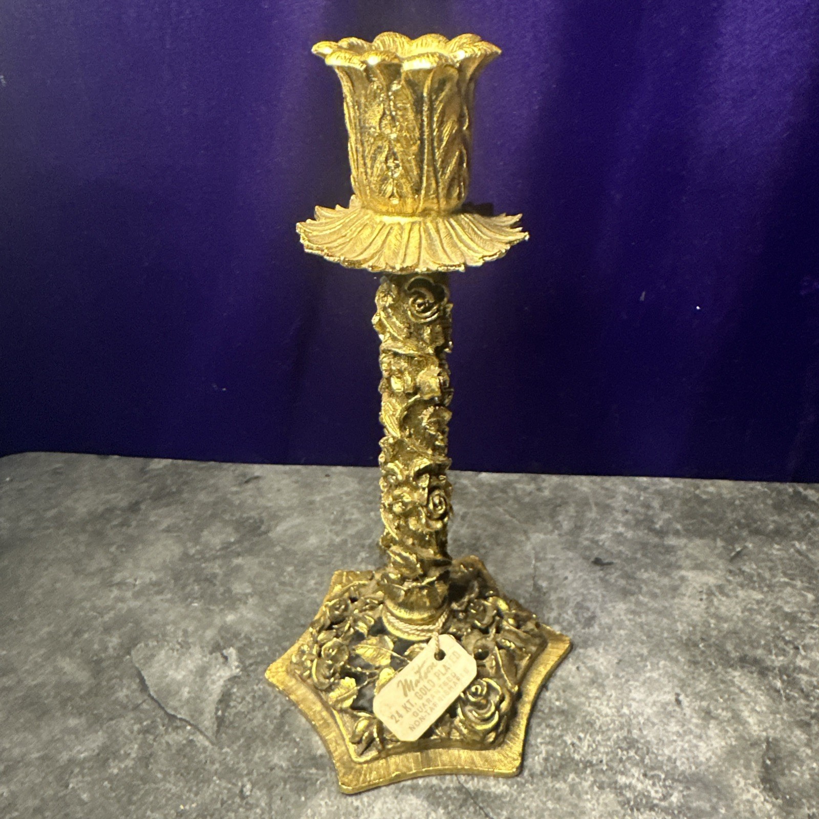 Vintage Matson Ornate 24 Karat Gold Plated Candle Holder 7 inch tall With Tag