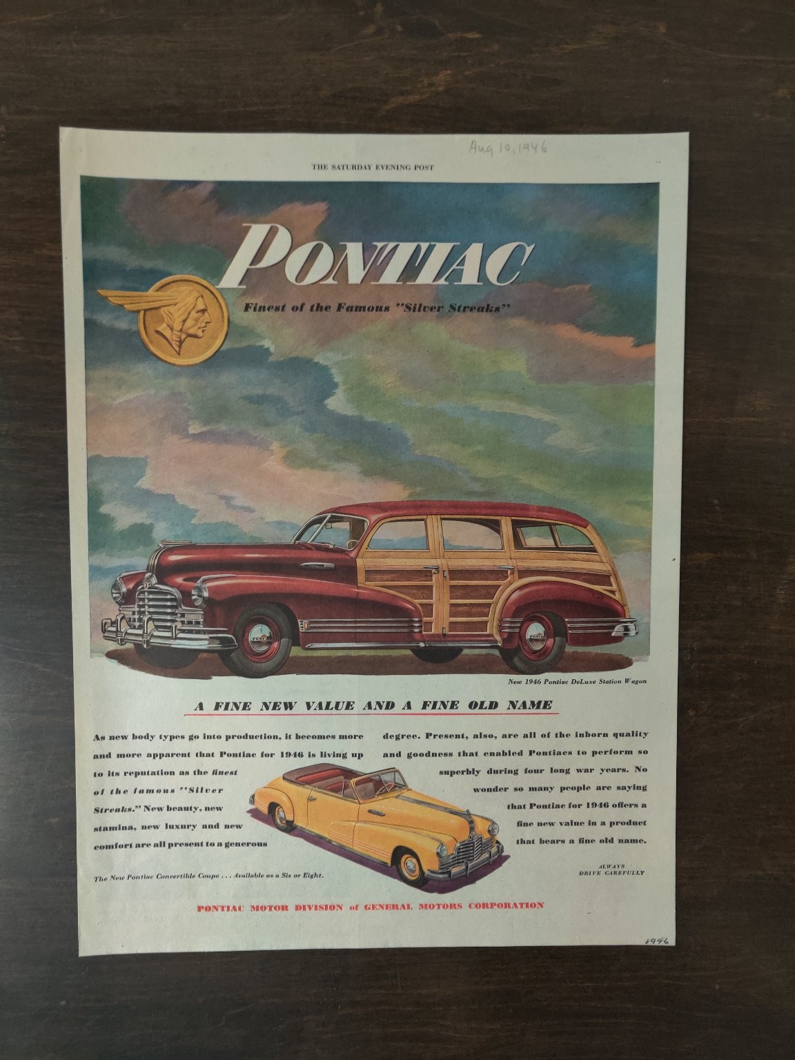 Vintage 1946 Pontiac Silver Streak Station Wagon Convertible Coupe Full Page Ad