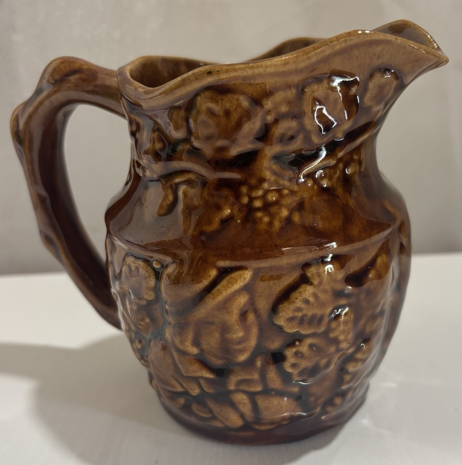 Vintage Brown Glazed Embossed Ceramic Pottery Pitcher Jug Marked Canada 