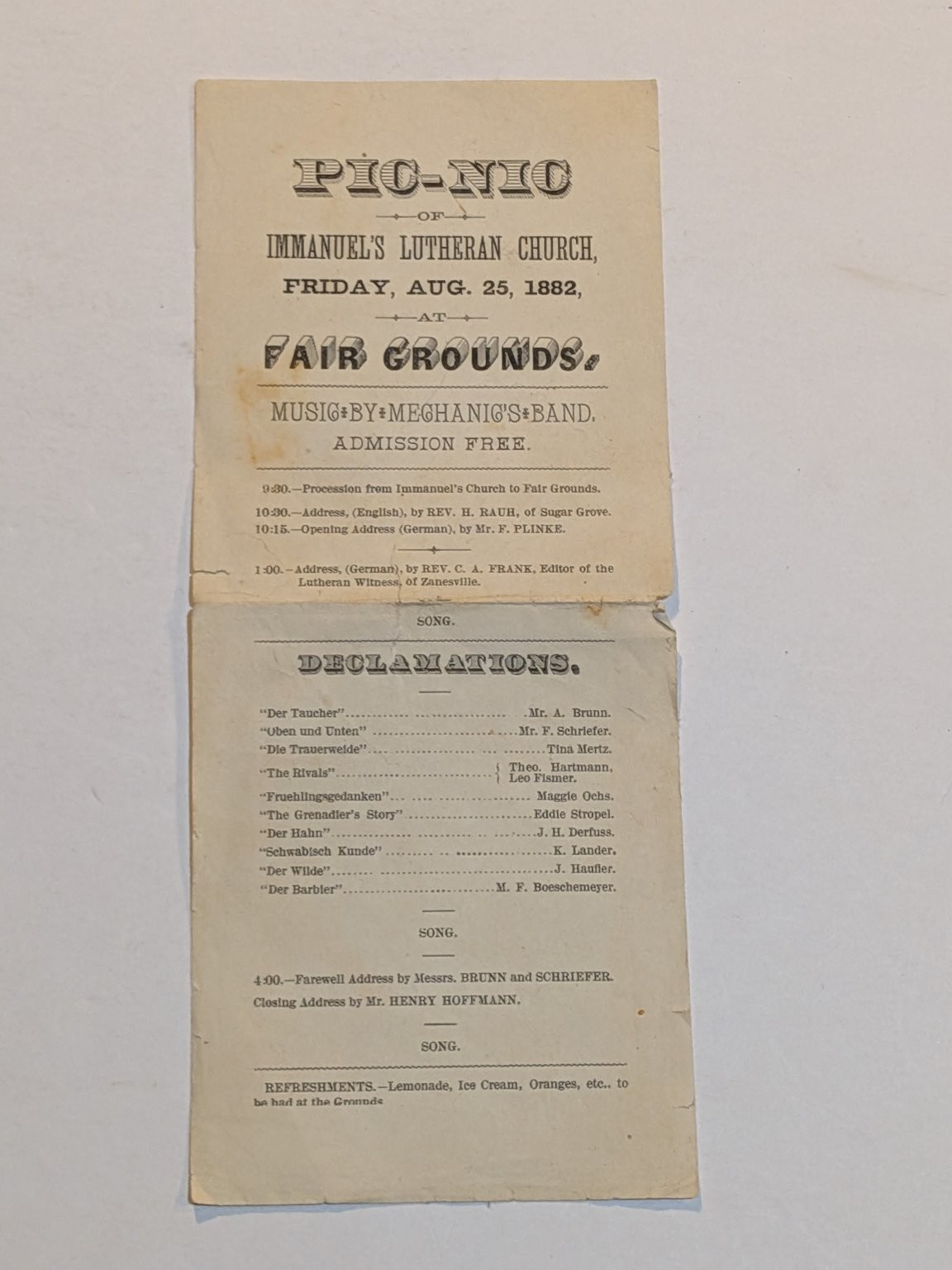 1882 Immanuel's Lutheran Church Picnic Program Fair Grounds German OHIO 1882 Immanuel's Lutheran Church Picnic Program Fair Grounds German OHIO