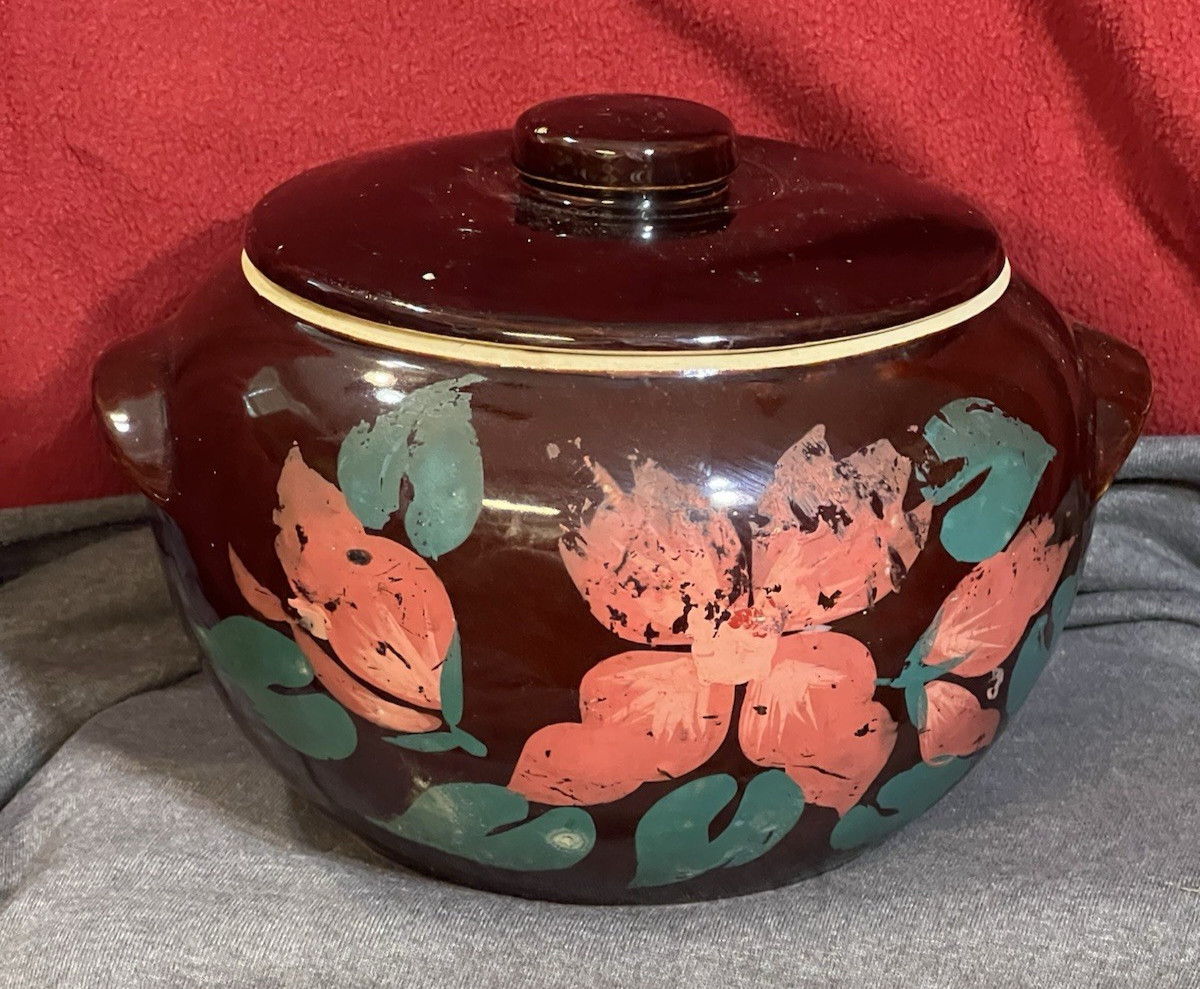 Vintage Ceramic Bean Pot With Lid & Handles Painted Floral Design USA (2015)