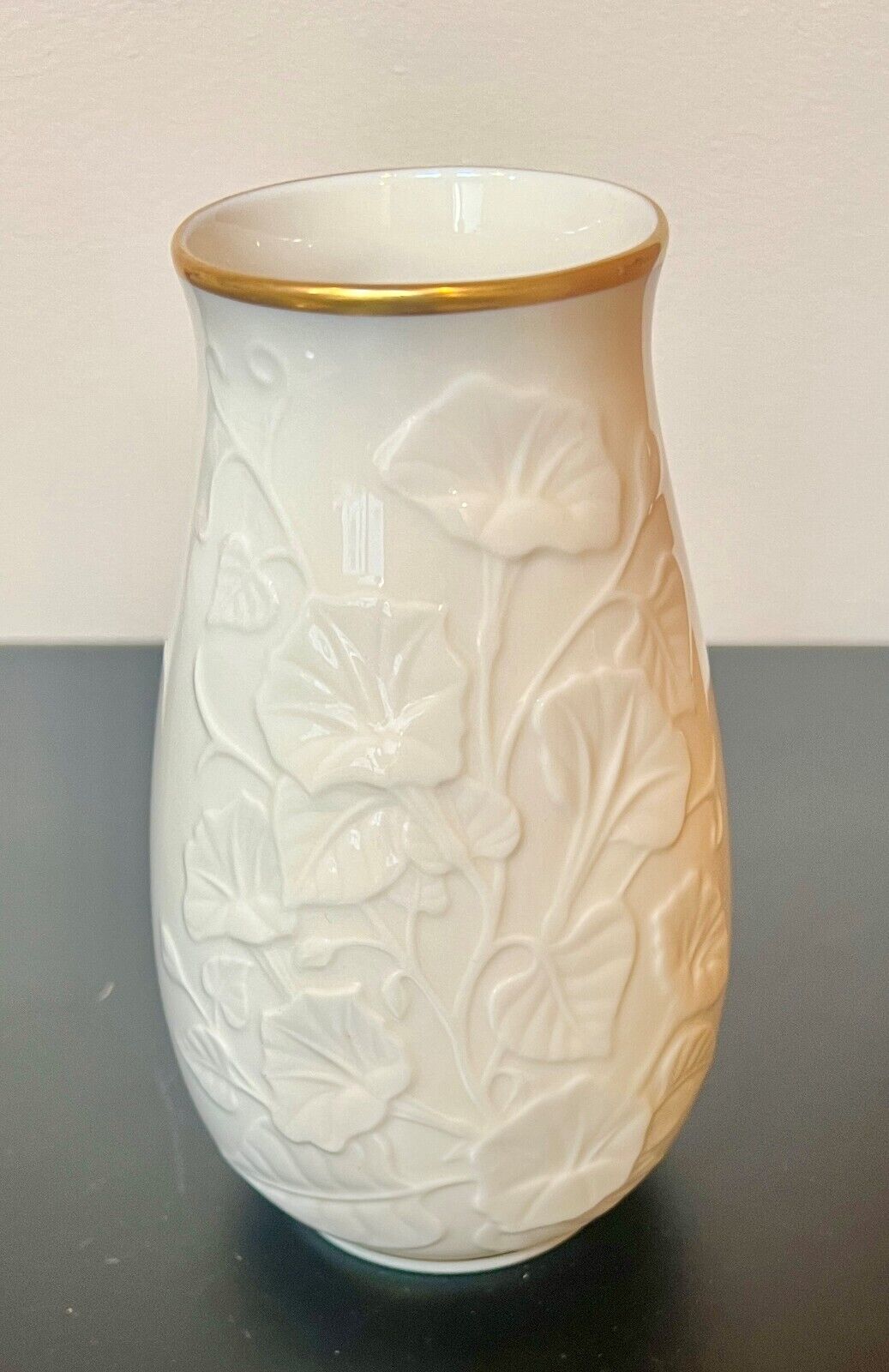 Vintage Porcelain LENOX Morning Glory Vase Ivory Gold Trim Raised Flowers 6.75”