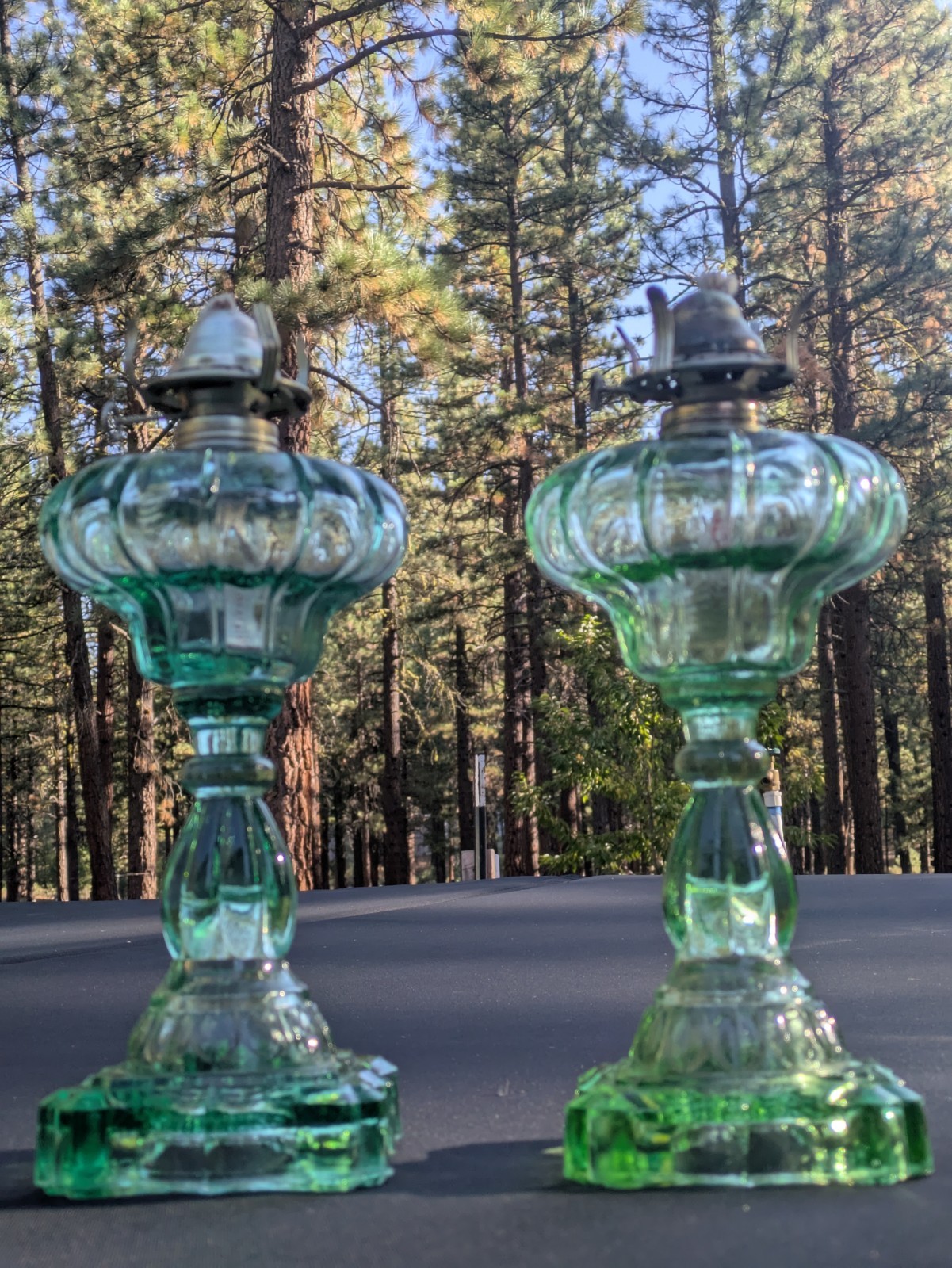 Vintage Pair of Green Depression Glass Oil Lamps - 11