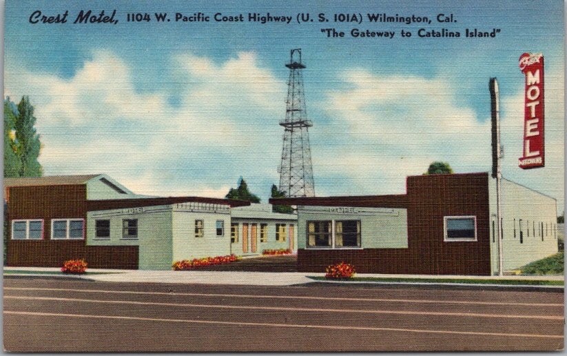 c1950s WILMINGTON Los Angeles California Postcard CREST MOTEL Highway 101 LINEN