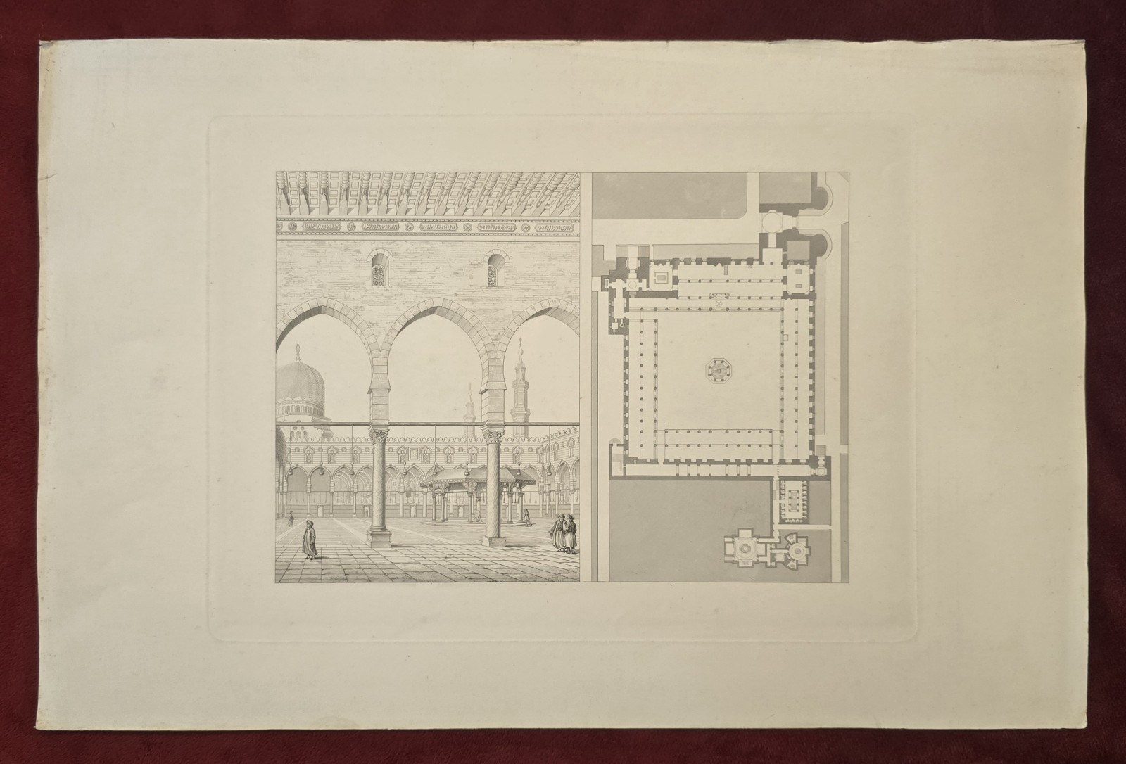 ANTIQUE MOSQUE ARCHITECTURAL Engraving Cairo Egypt 19thC Plate & Plan