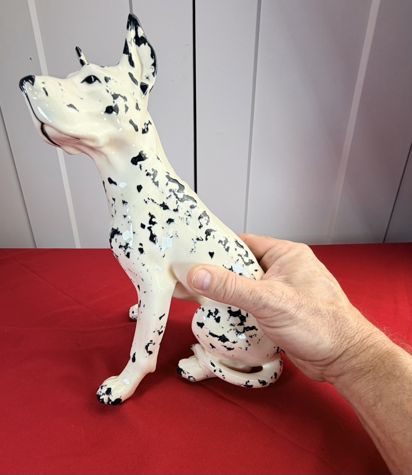 Vtg 1960s Ceramic Great Dane Harlequin Dog Figurine Sitting Statue 10” MCM