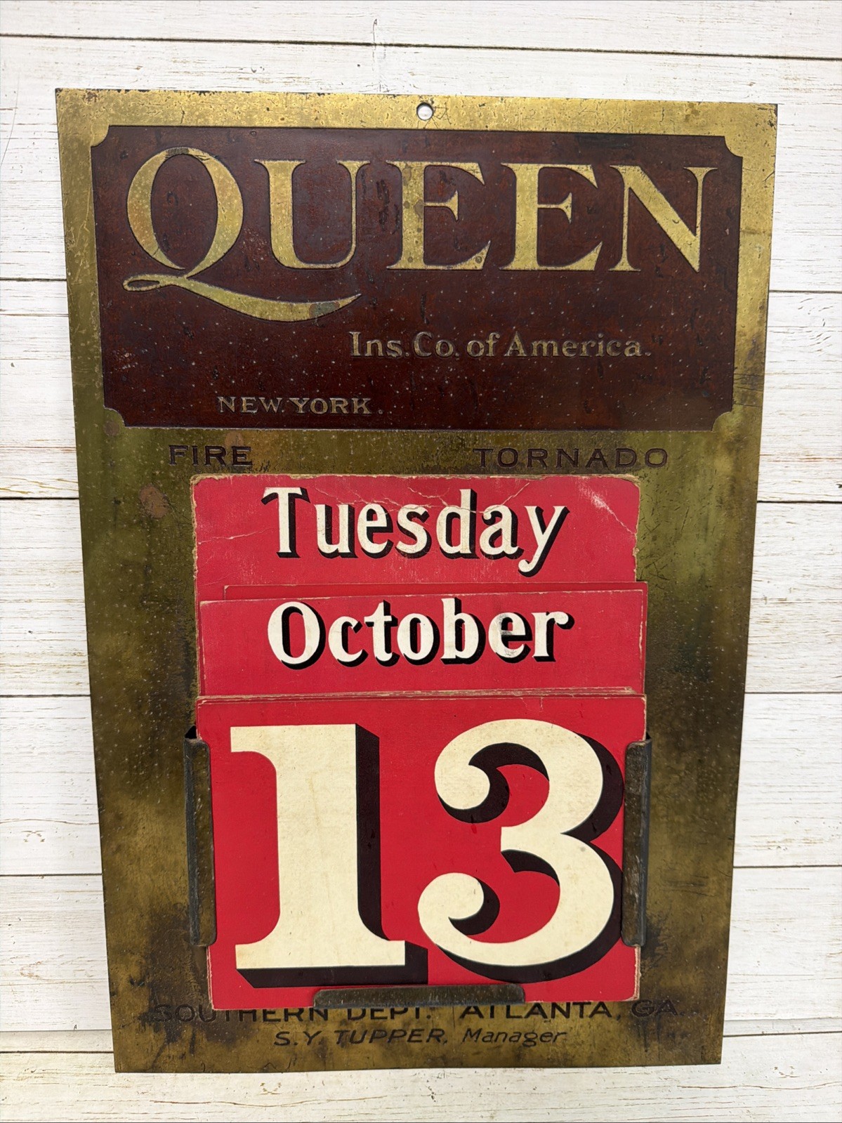 QUEEN Insurance Co of America Metal Advertising Calendar Sign Fire Rare Antique