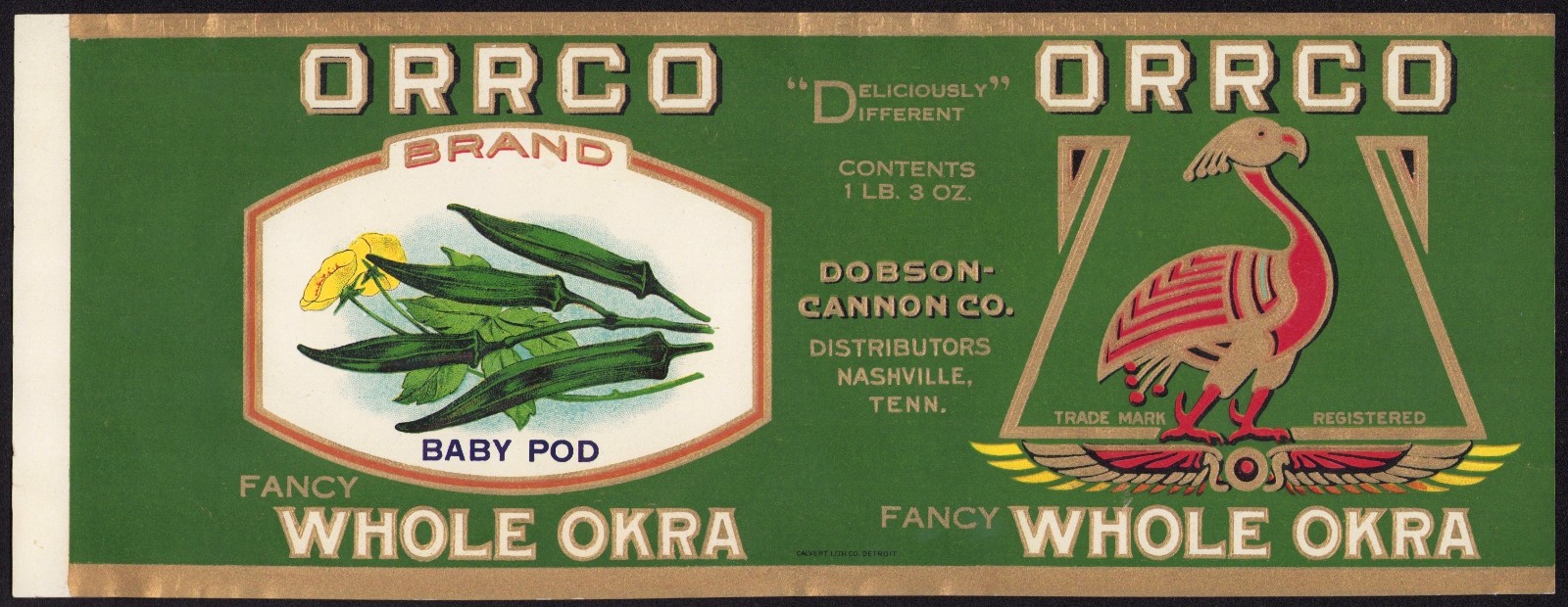 ORRCO BRAND OKRA antique can label Nashville Calvert Litho file sample 1927 ORRCO BRAND OKRA antique can label Nashville Calvert Litho file sample 1927