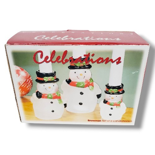 Celebrations Snowman Set of 3 Frosted Glass Handpainted Candle Holder NEW IN BOX