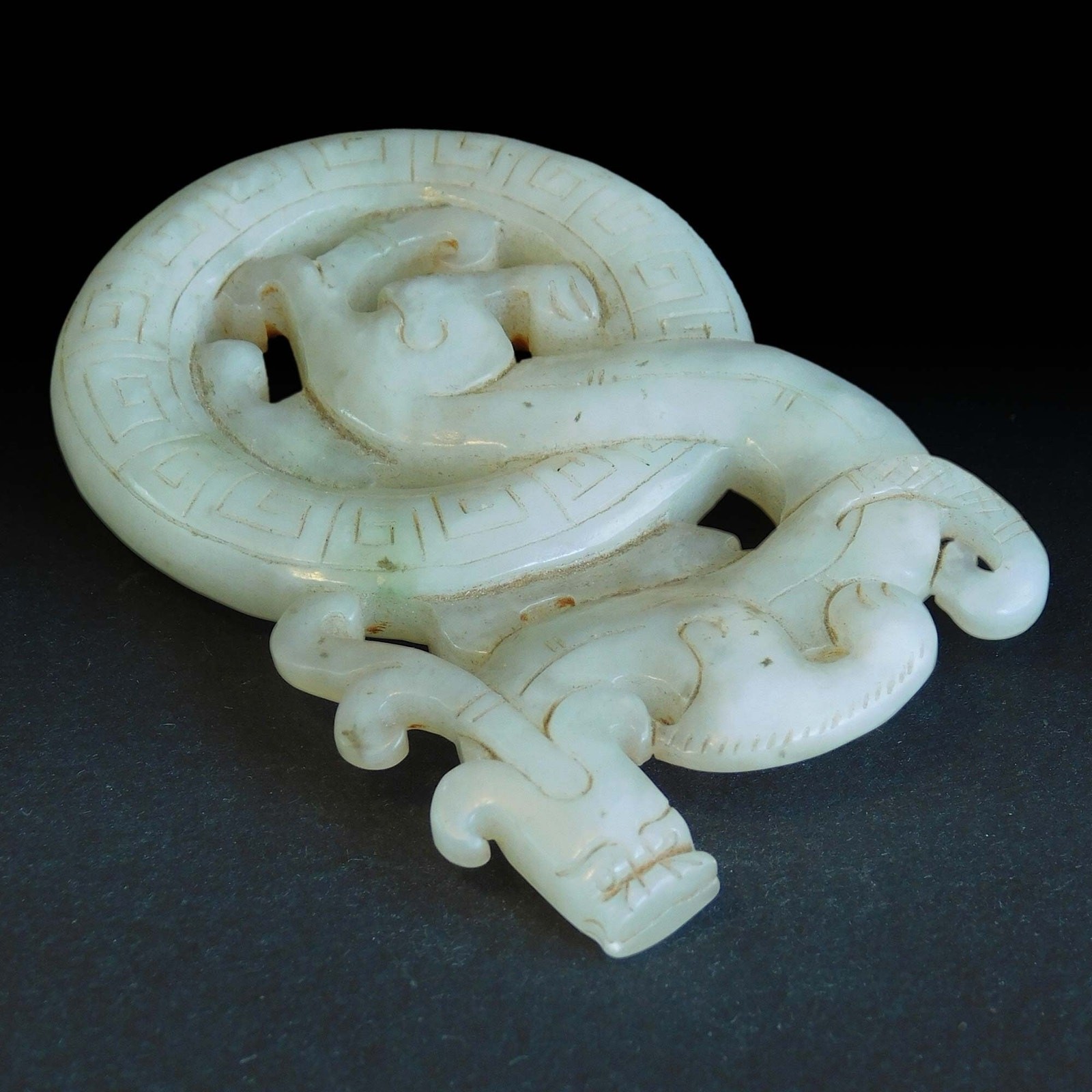 Antique White Jade Chilong Dragon Emerge from Pei Disk Scroll Weight Toggle 螭龍玉珮