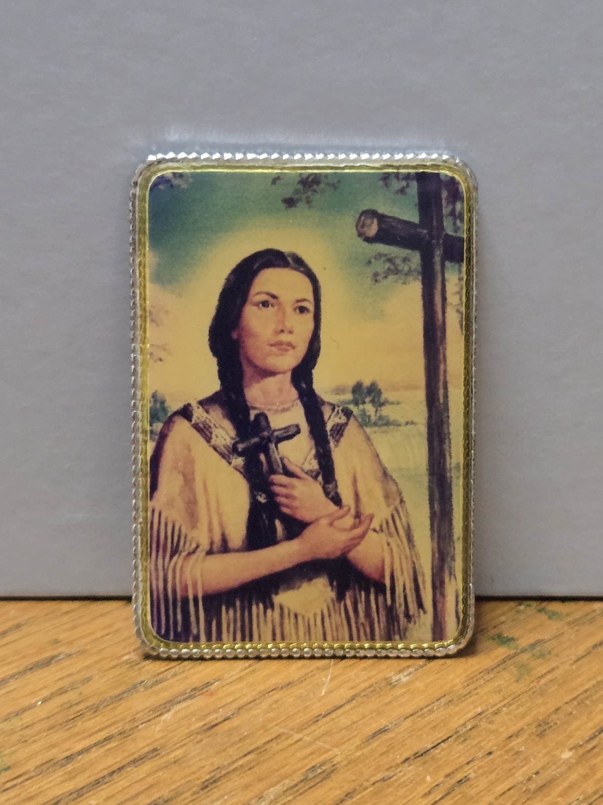 Title: Vintage Saint Kateri Tekakwitha Catholic Metal Pocket Token Plaque Clip Title: Vintage Saint Kateri Tekakwitha Catholic Metal Pocket Token Plaque Clip