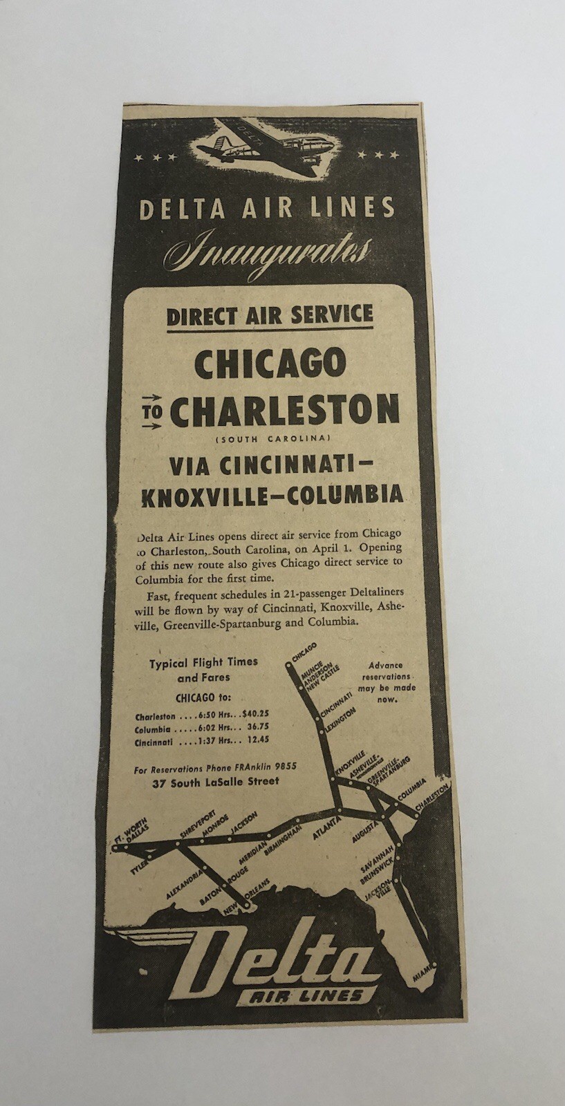 Vintage 1950’s Delta Airlines Chicago-Charleston newspaper advertisement 