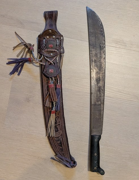 Vintage Central American Tooled Leather Machete Sheath & Machete