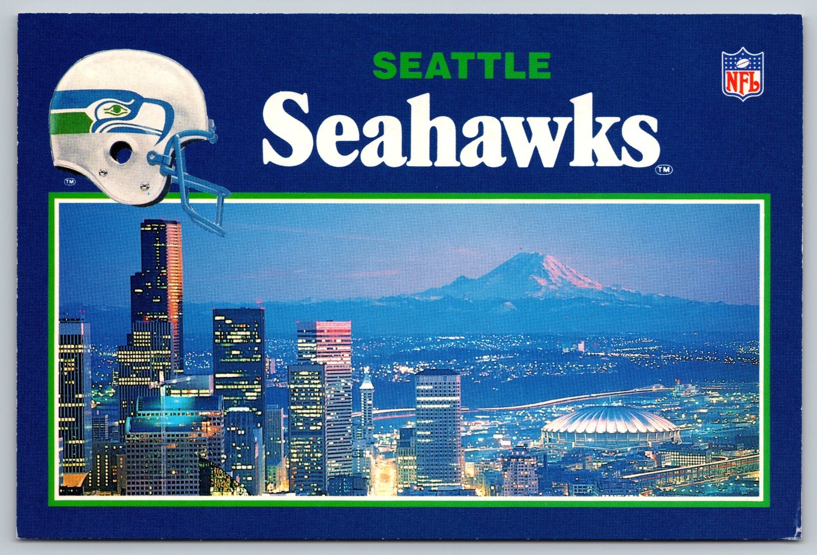 Vintage Seattle Seahawks Postcard Downtown Skyline Kingdome & Mount Rainier 4x6 Vintage Seattle Seahawks Postcard Downtown Skyline Kingdome & Mount Rainier 4x6