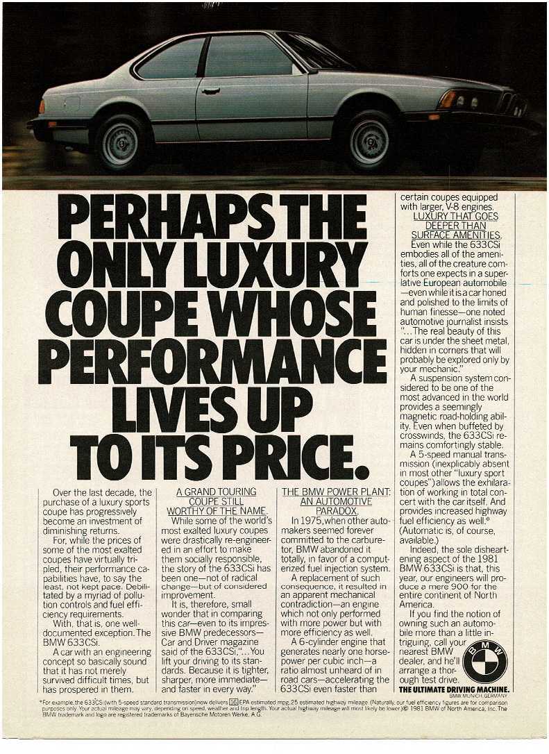 1981 BMW 633CSi white blue 2-door Vintage Print Ad