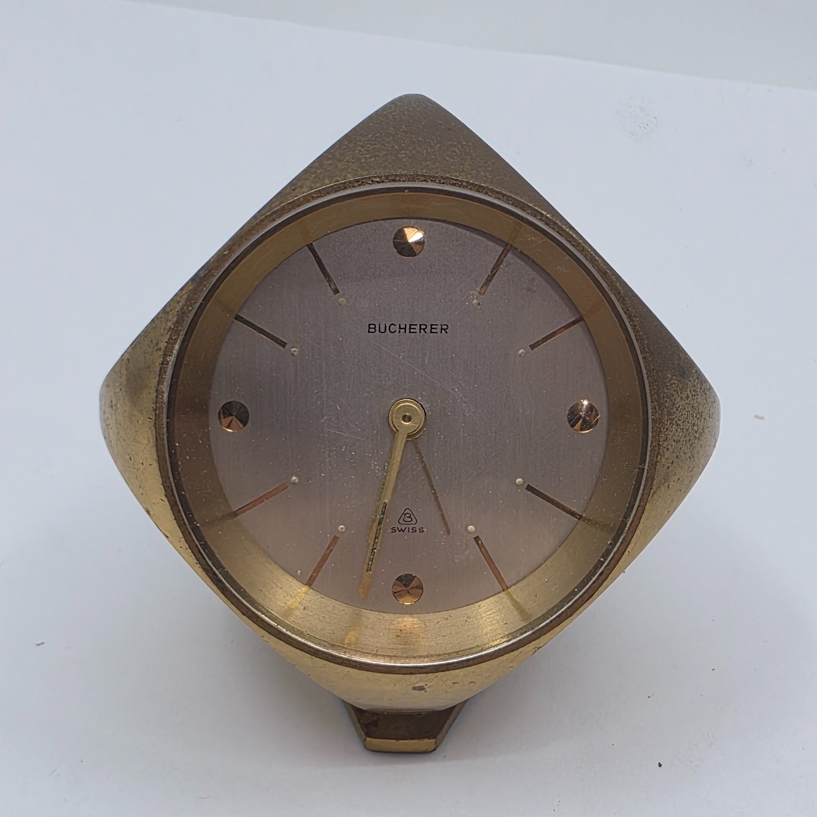 Vintage Bucherer Swiss & Jewels Manual Brass Heavy DICE Desk CLock 
