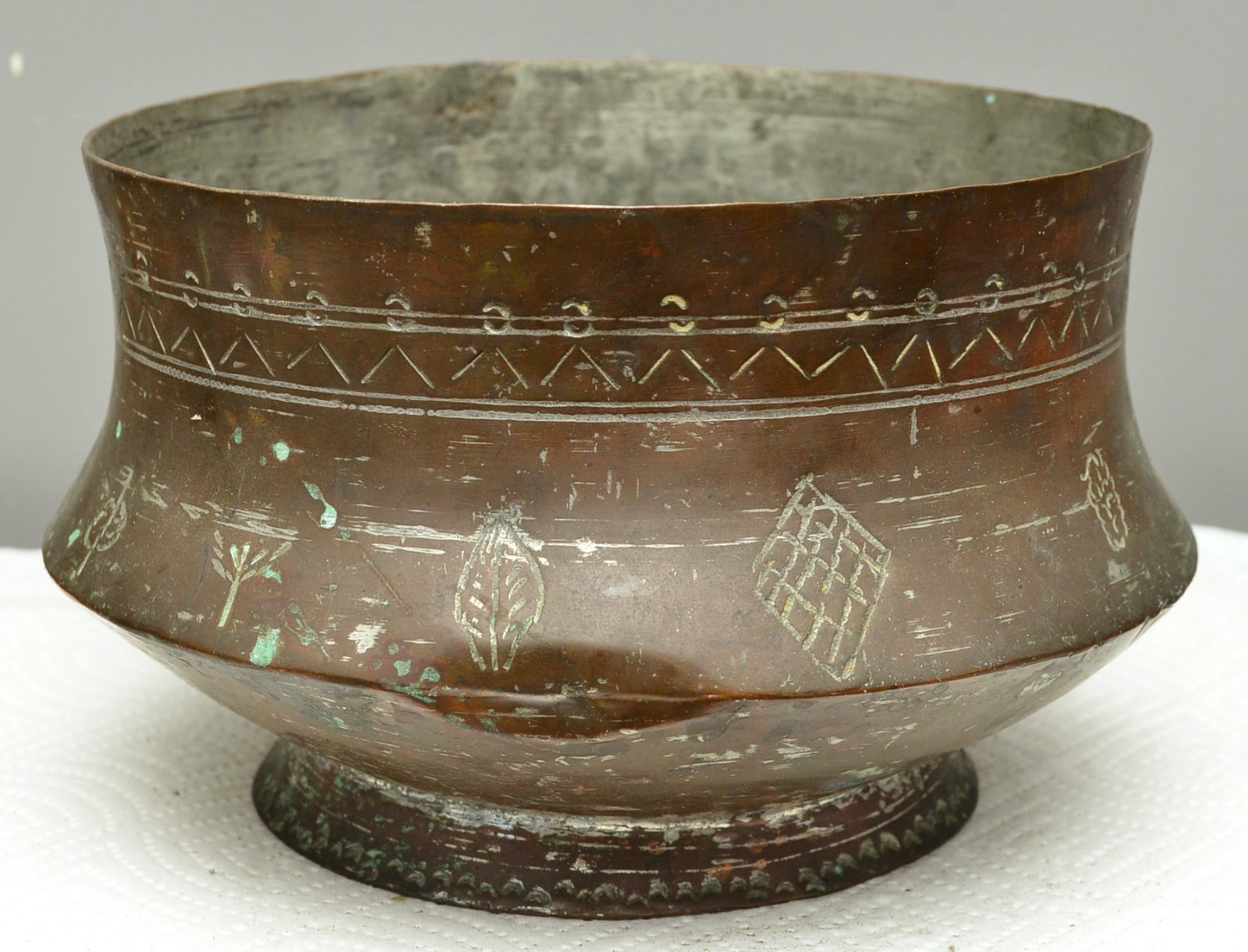 Antique Hand Hammered and Etched Tinned-Copper Bowl