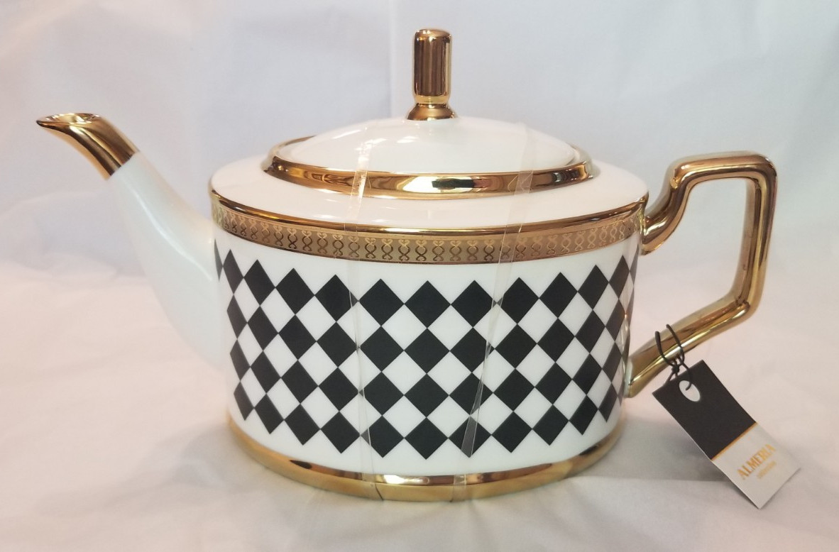 Almeria Collection Black & White Harlequin Porcelain Teapot Gold Accents NWT