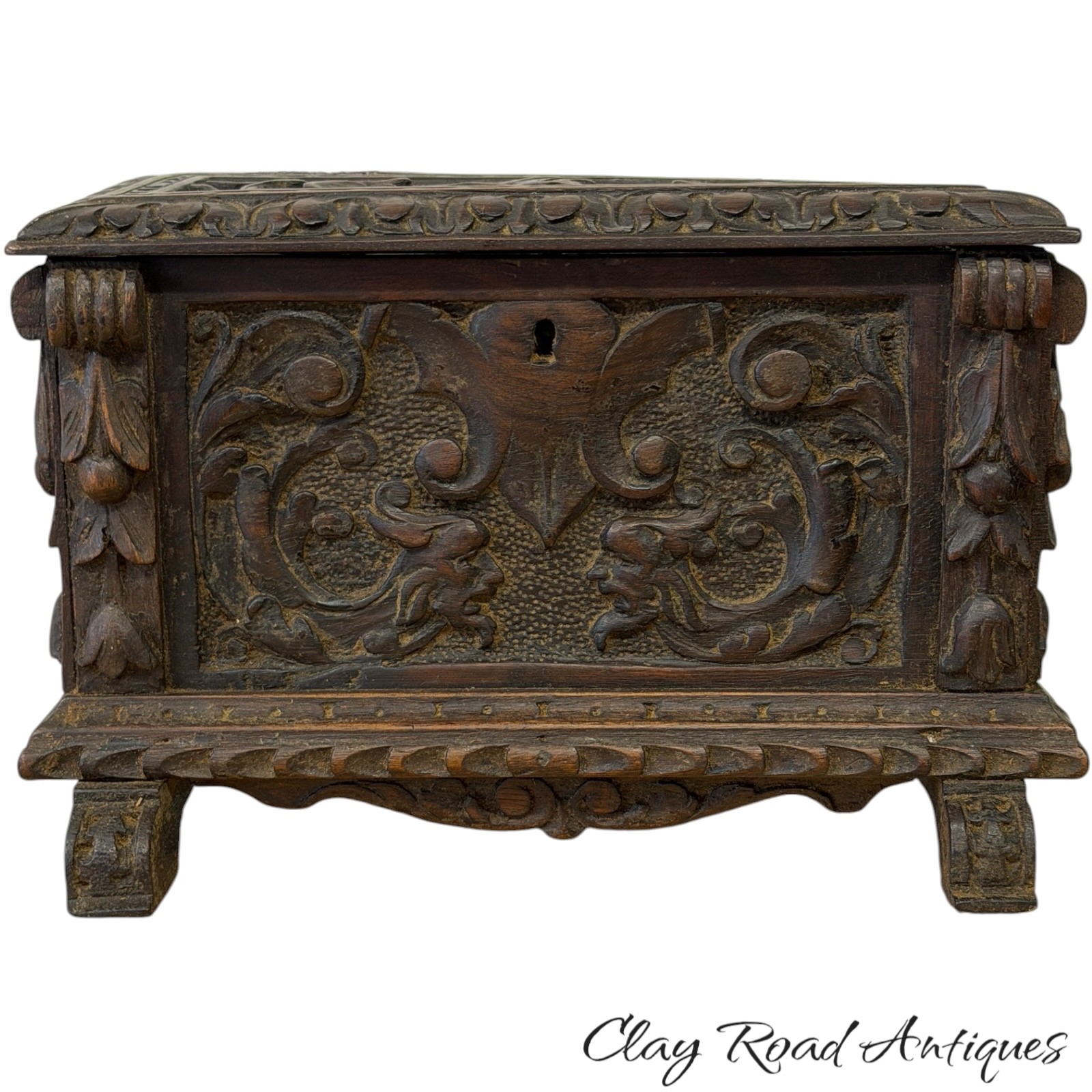 Antique Carved Wood Renaissance Revival Trinket Box Casket Figural Relief Antique Carved Wood Renaissance Revival Trinket Box Casket Figural Relief