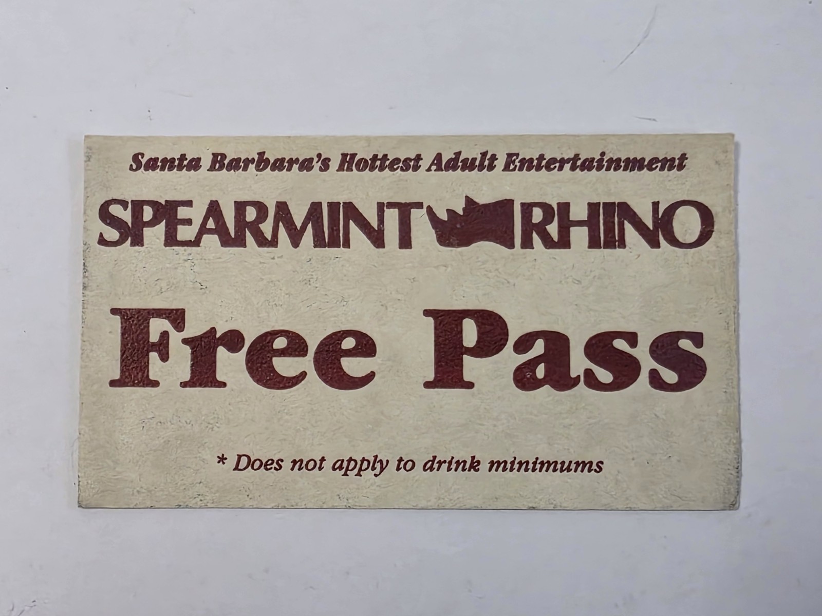 Vintage 1990s Spearmint Rhino Santa Barbara Free Pass Adult Club Advertising