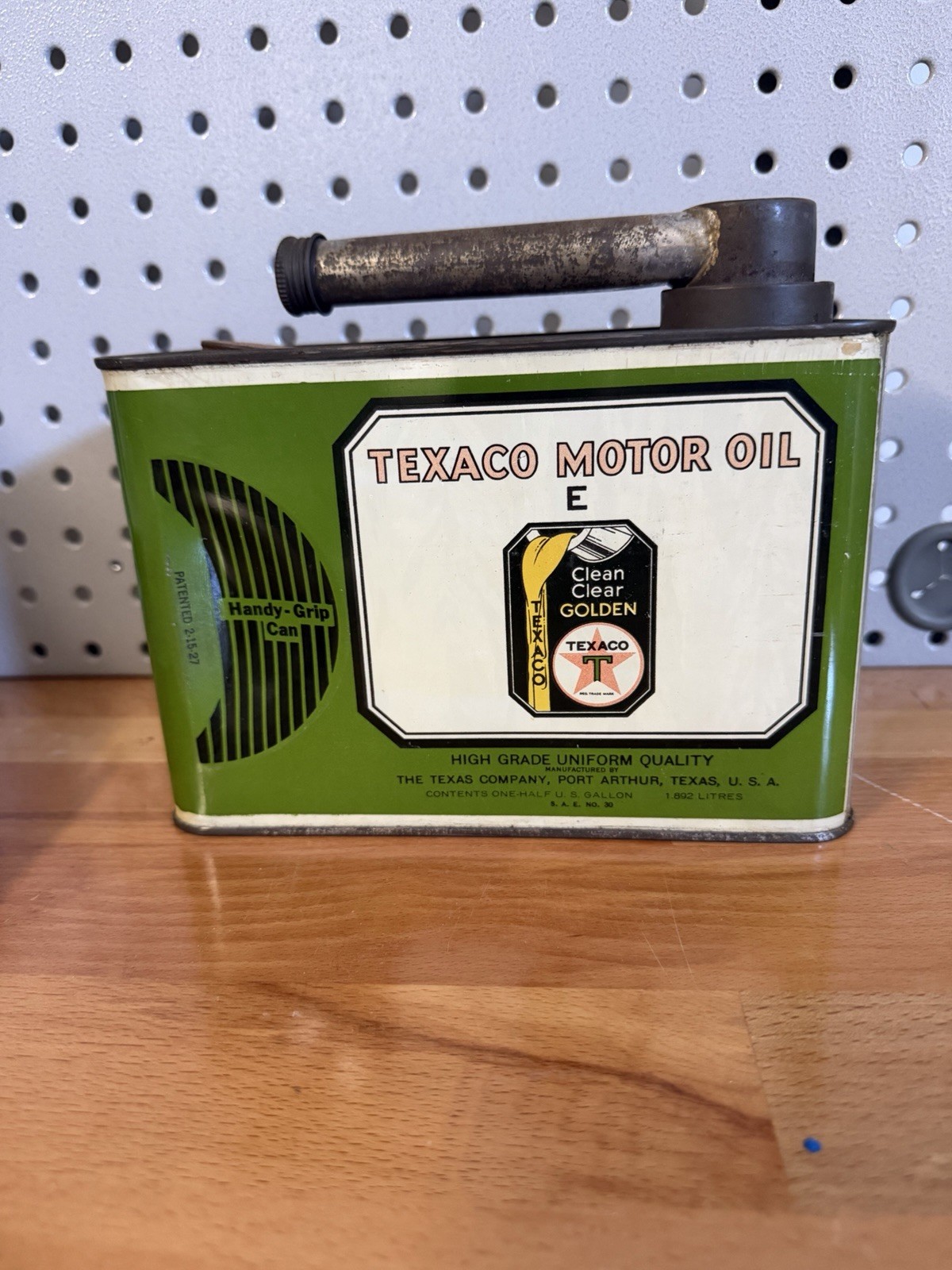 Texaco Vintage Motor Oil Handy-Grip Can w/ Spout Handle Green Gas & Oil