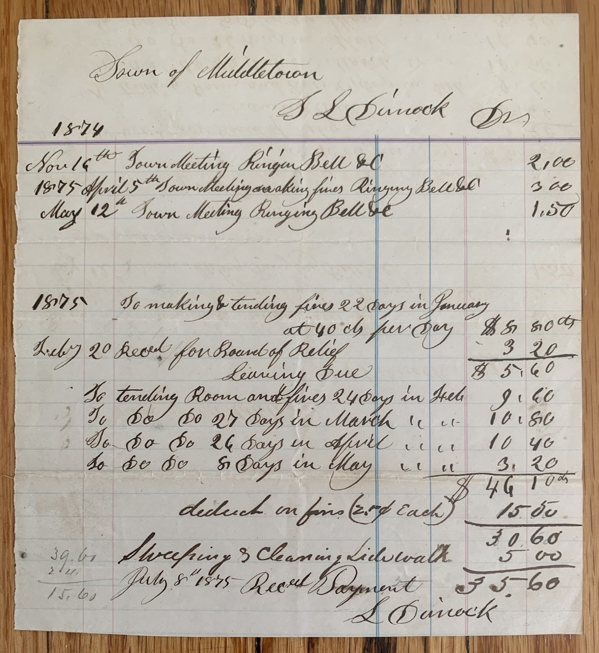 Antique 1874 Bill Receipt Of Service Middletown 1800’s Town Meeting Bell Ringing