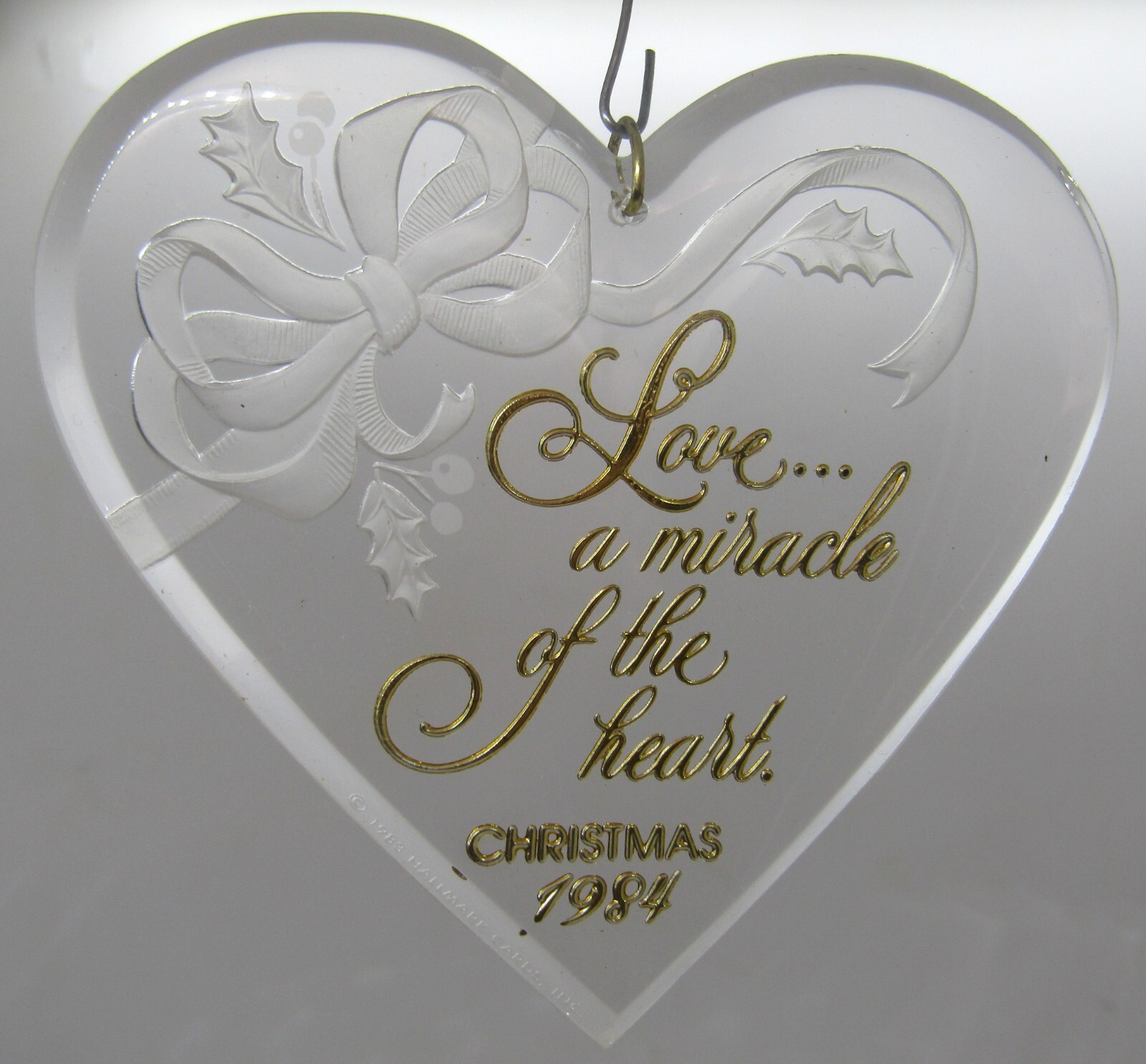 HALLMARK Keepsake 1984 THE MIRACLE OF LOVE Acrylic Heart CHRISTMAS ORNAMENT VTG