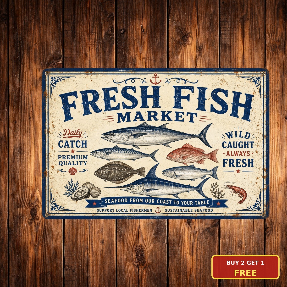 Fresh Fish Market Seafood Restaurant Blue Metal Sign Retro Kitchen Wall Plaque
