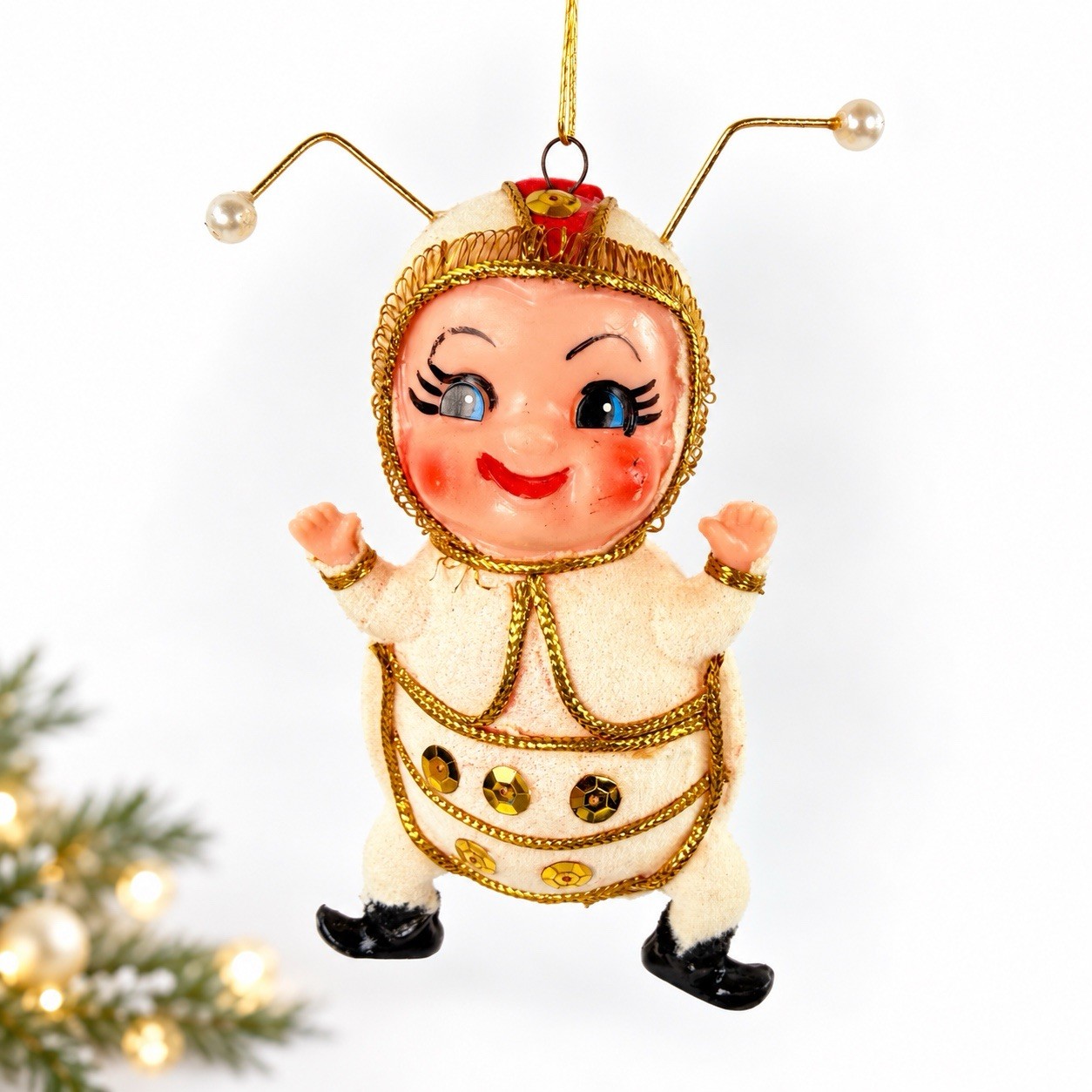 Vintage Flocked Ladybug Christmas Ornament Anthropomorphic White Gold Sequins 4”